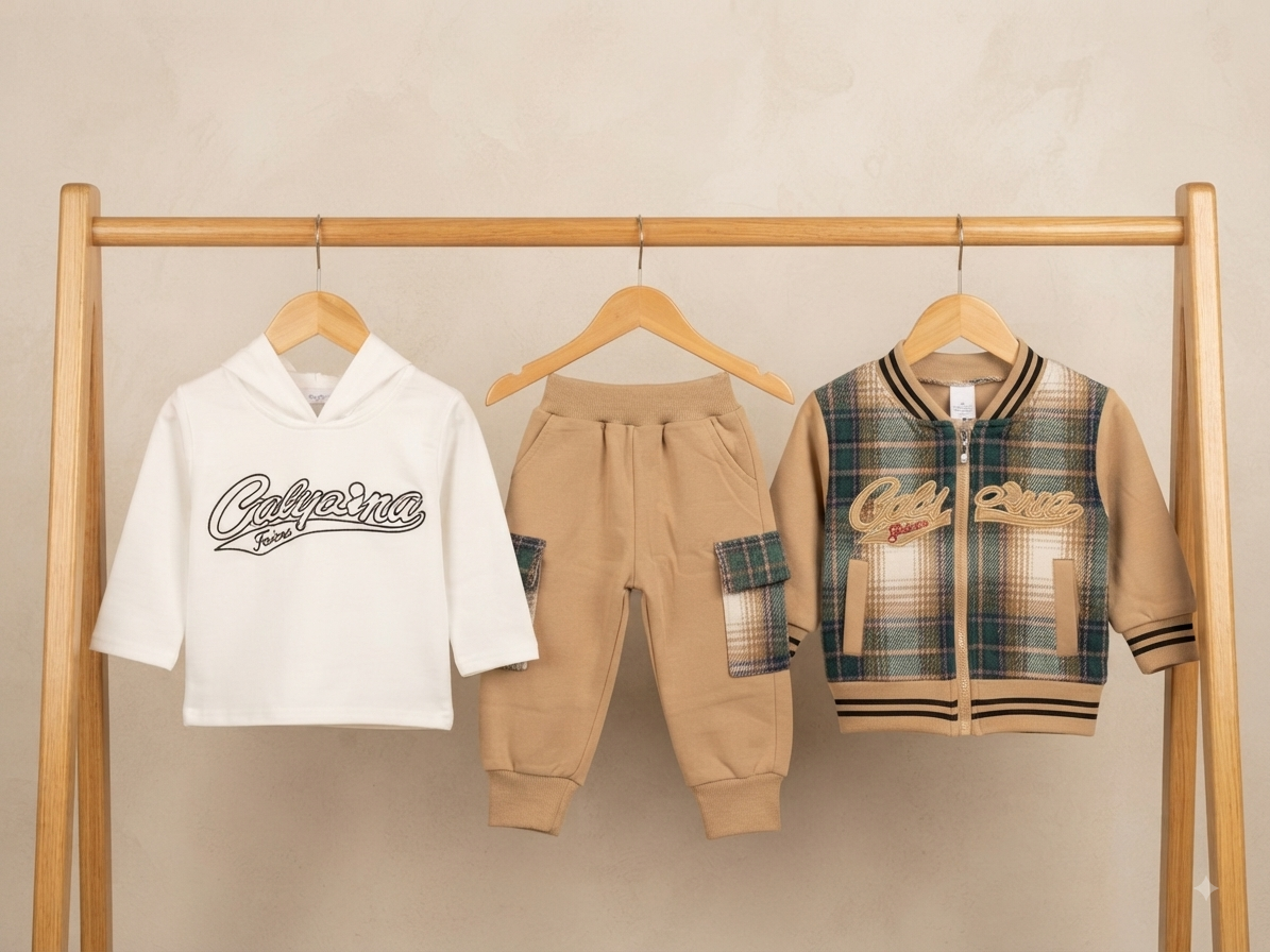 Kids stylish 3 piece winter outfit set featuring hoodie, cargo pants, and plaid jacket.