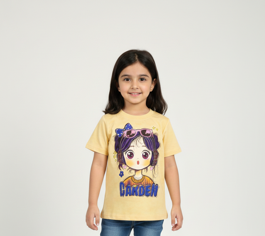 Girls' Graphic T-Shirt - Cute Cartoon Character Print in Pink, Yellow, and Tan