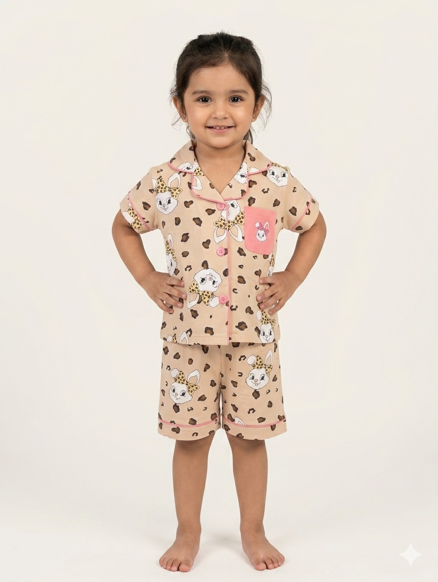 Girls Chic Leopard Bunny Print Short Sleeve Button Down Pajama Set Soft Cotton Summer Nightsuit