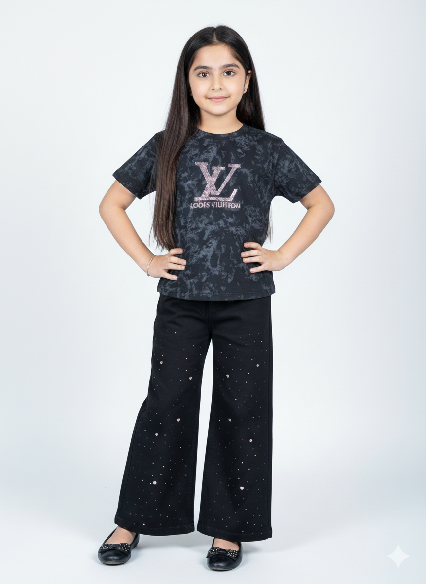 Louis Vuitton Inspired Kids Pink Tie-Dye T-Shirt and Heart Pattern Wide Leg Pants Set