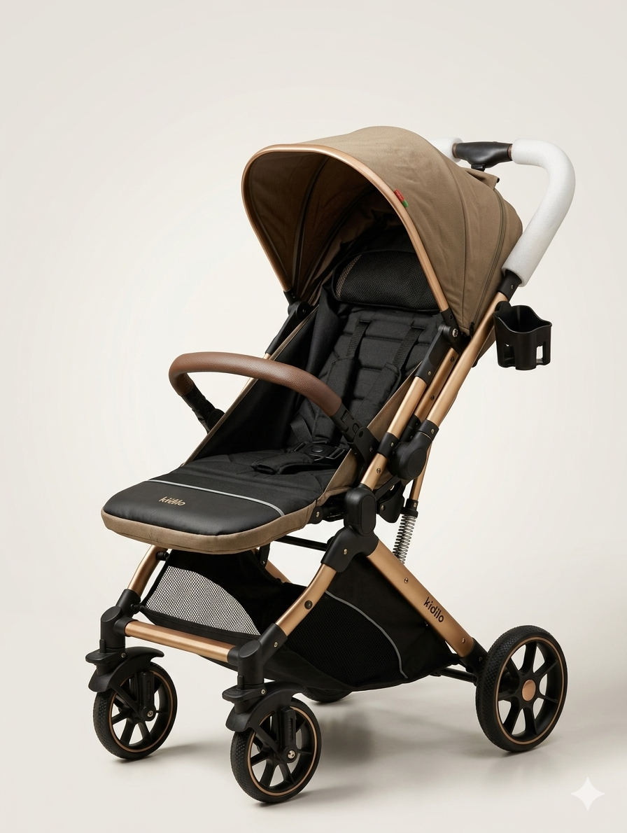 Kidilo Luxury Compact Baby Stroller With Gold Frame Brown Canopy And Adjustable Safety Harness