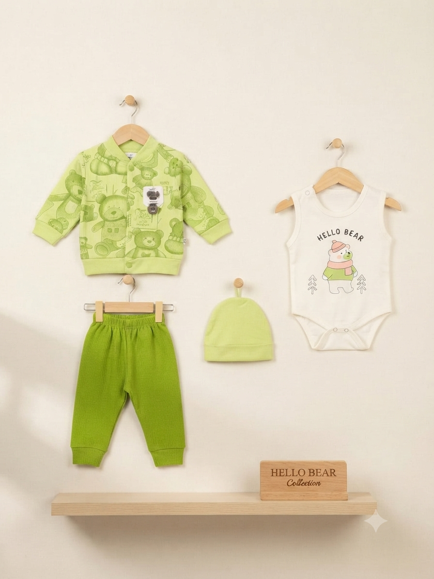 Adorable Premium Baby Clothing Set with Printed Jacket Bodysuit Pants and Matching Cap