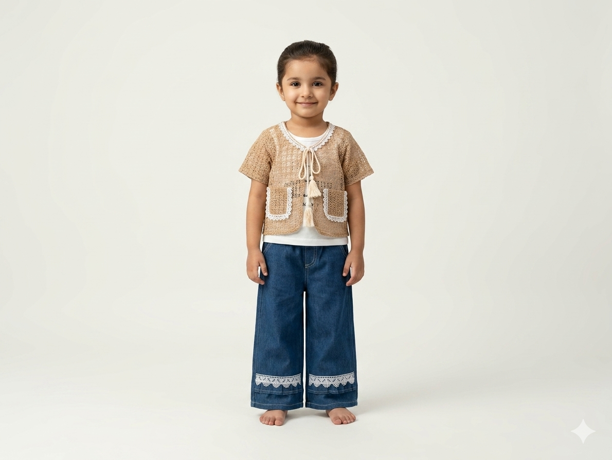 Boho-Chic Toddler Girls Crochet Lace Waistcoat and Wide Leg Denim Trousers Stylish Two-Piece Set