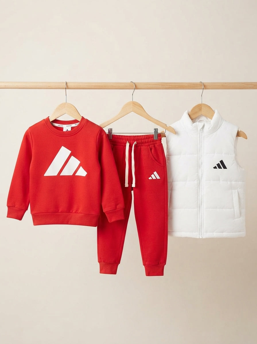 Kids Athletic Brand Logo Printed Crewneck Sweatshirt Puffer Vest And Trouser 3 Piece Outfit