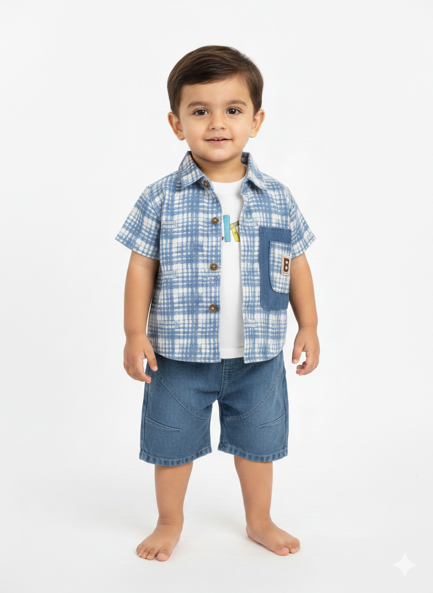Stylish Toddler Boys' Three Piece Plaid Shirt Graphic Tee and Denim Shorts Set Bundle