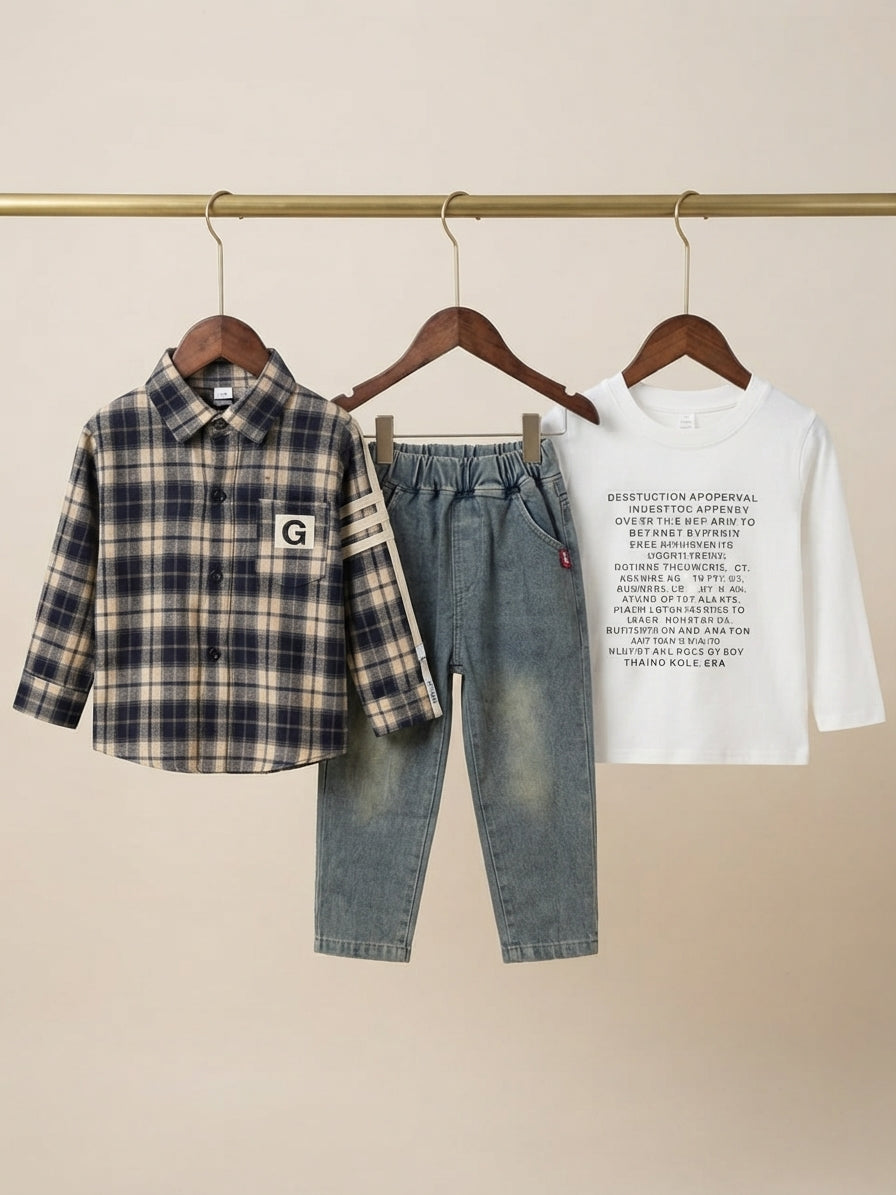 Stylish Boys Checked Shirt White Graphic Tee And Blue Denim Trouser Outfit Set