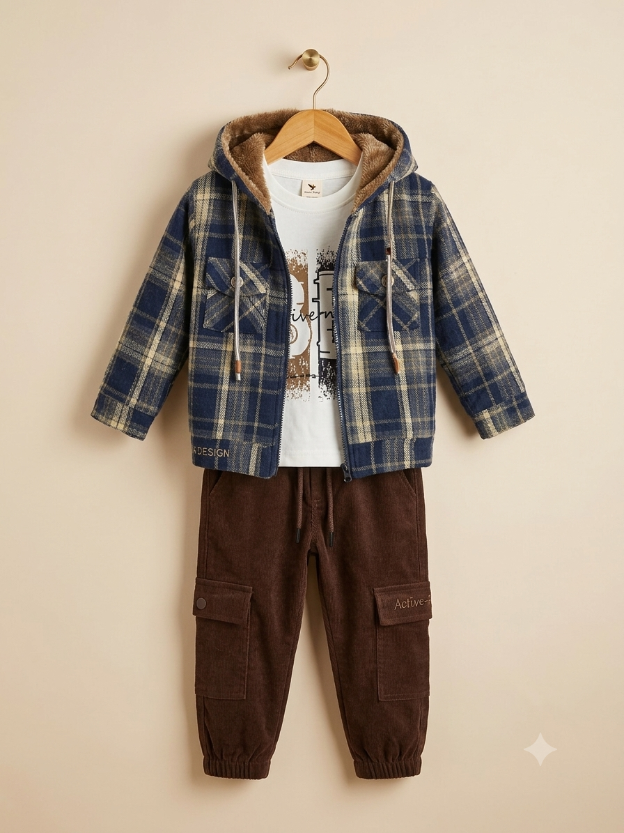 Charming Beige Plaid Hooded Jacket White T-Shirt And Cargo Trousers 3-Piece Set