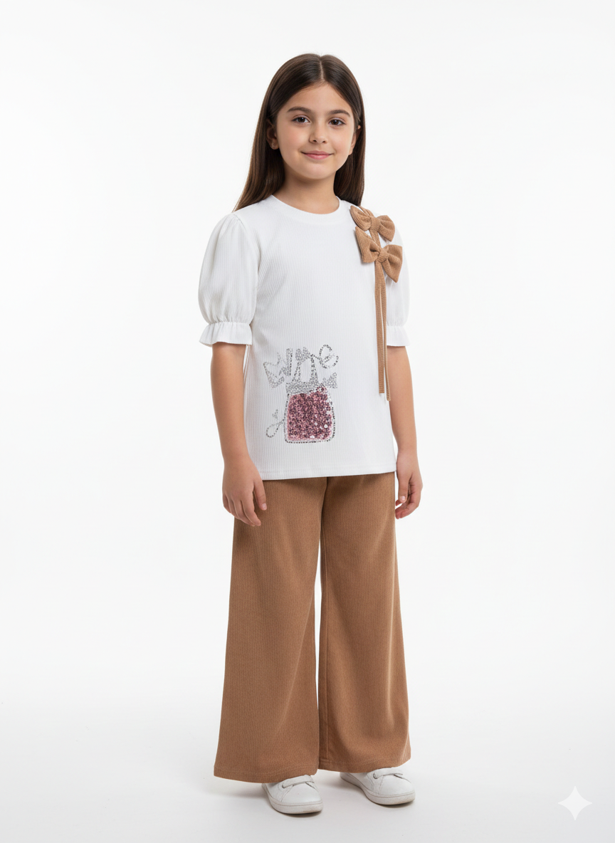 Girls' Chic Ribbed Puff Sleeve Top and Wide-Leg Corduroy Pant Two-Piece Fashion Set