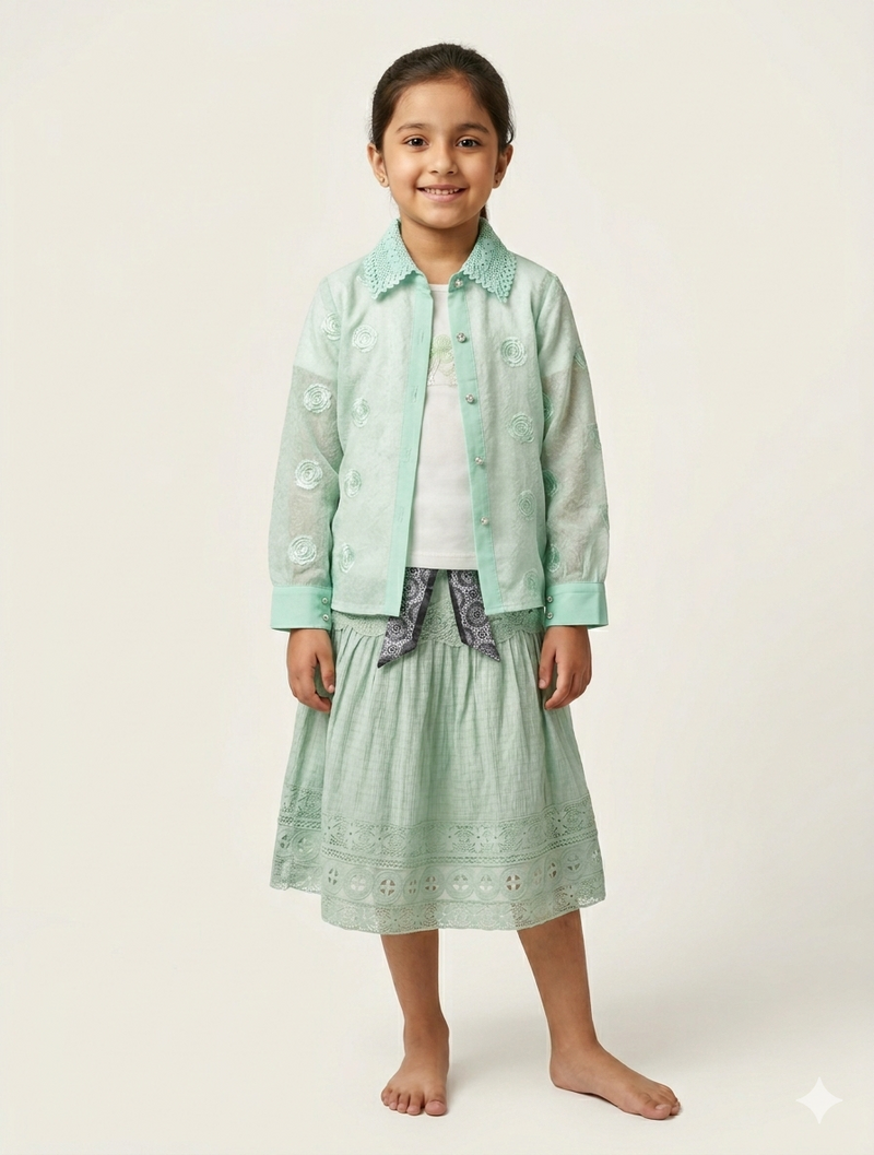 Elegant Little Girls Three-Piece Skirt Set with Sheer Embroidered Jacket and Pearl Accent Top
