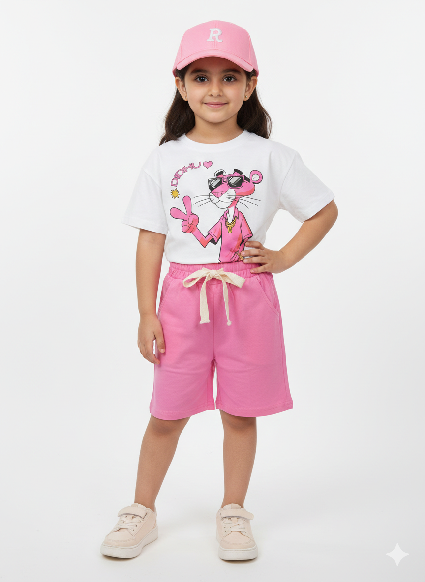 Girls' Pink Panther Graphic Tee and Shorts Summer Set with Matching Baseball Cap
