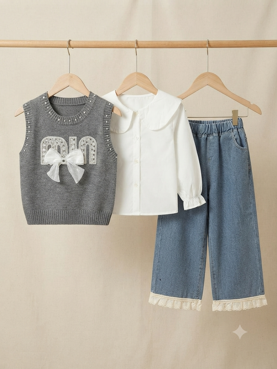 Chic 3-Piece Girls Outfit Set Featuring Beaded Knit Vest Blouse and Full Length Trousers