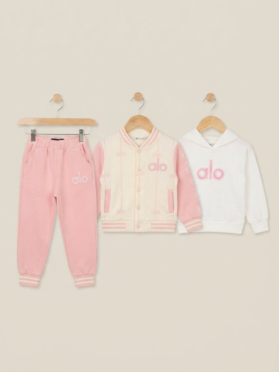 Trendy 3 Piece Alo Tracksuit Set With Jacket And Hoodie For Stylish Kids Casual Wear