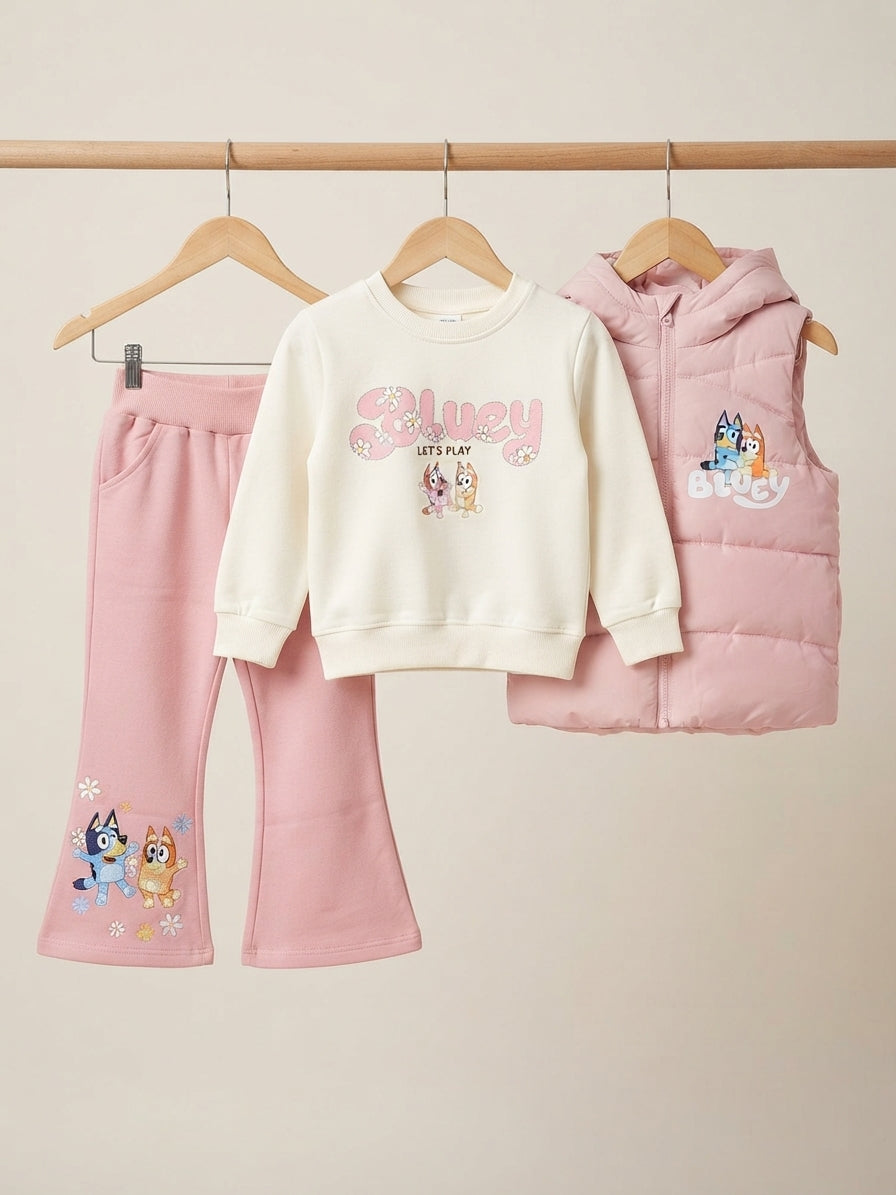 Kids Bluey Character Printed Sweatshirt Hooded Vest And Trouser 3 Piece Outfit Set