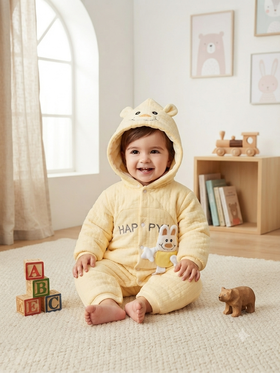 Cute Blue Overalls Style Hooded Baby Romper Warm Fleece Winter Jumpsuit For Toddler