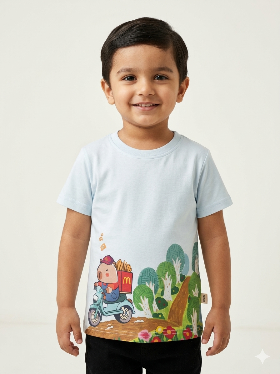 Boys Light Blue Graphic T-Shirt - Cute Animal Delivery Adventure Design