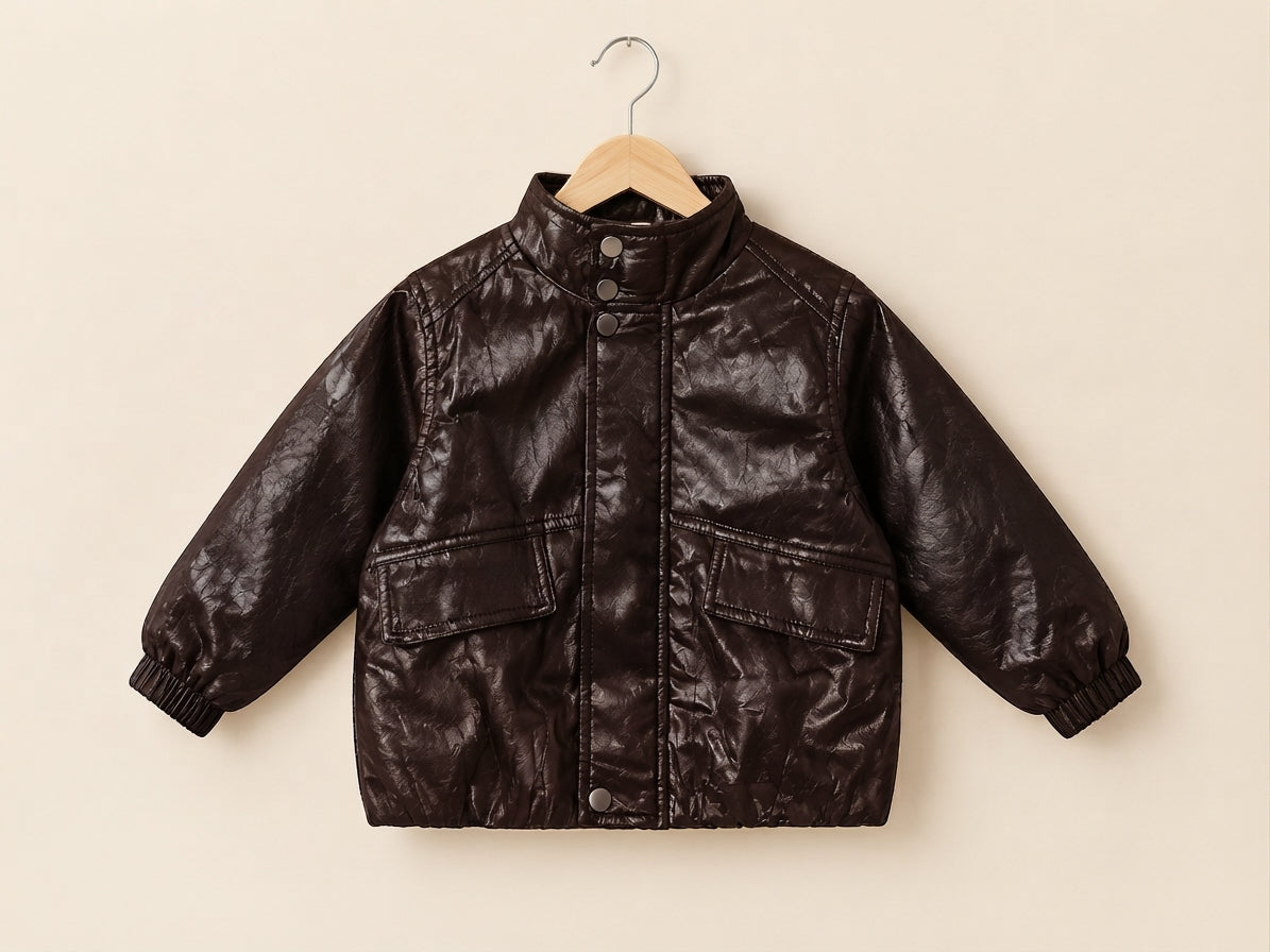 Stylish Kids Faux Leather Puffer Jacket With Stand Collar And Front Pockets
