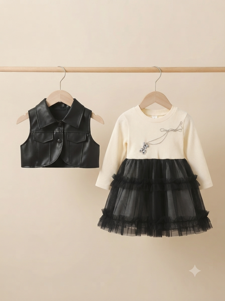 Stylish Toddler Girl Outfit Set: Cream Ribbed Dress With Ruffle Tulle Skirt And Faux Leather Vest