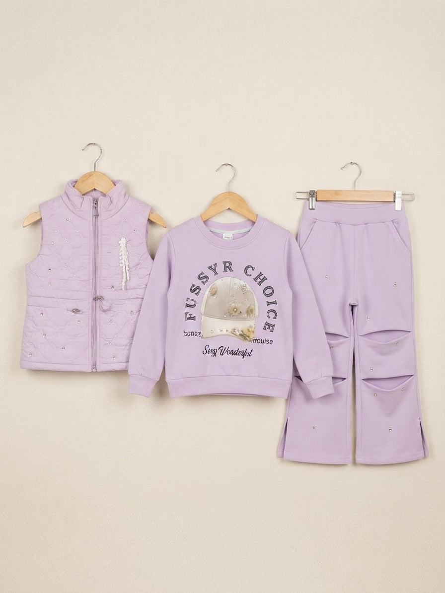 Girls Stylish 3-Piece Winter Outfit Set Featuring Quilted Vest Sweatshirt And Matching Trousers