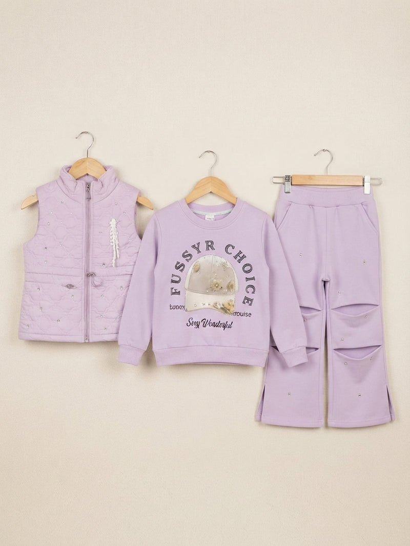 Girls Stylish 3-Piece Winter Outfit Set Featuring Quilted Vest Sweatshirt And Matching Trousers