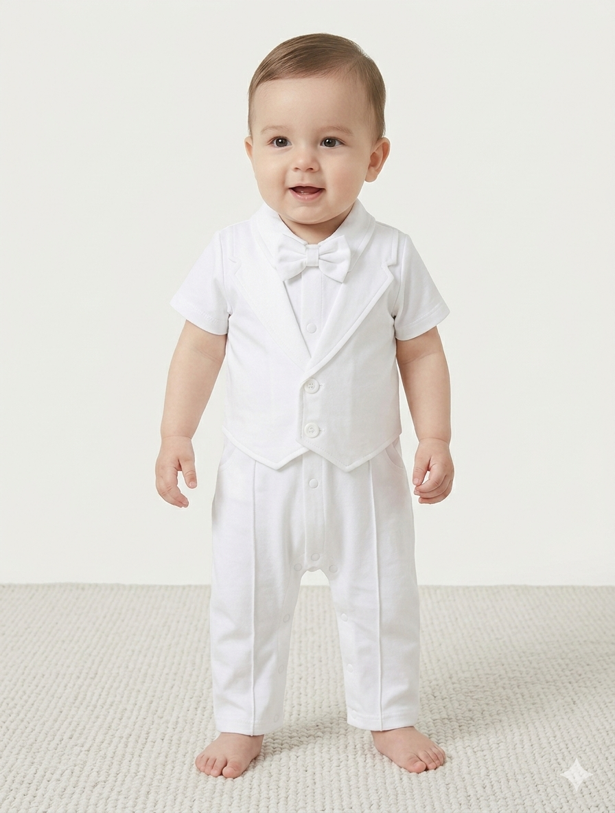 Baby Boy Elegant All-White Tuxedo Romper with Bow Tie and Faux Waistcoat Detail