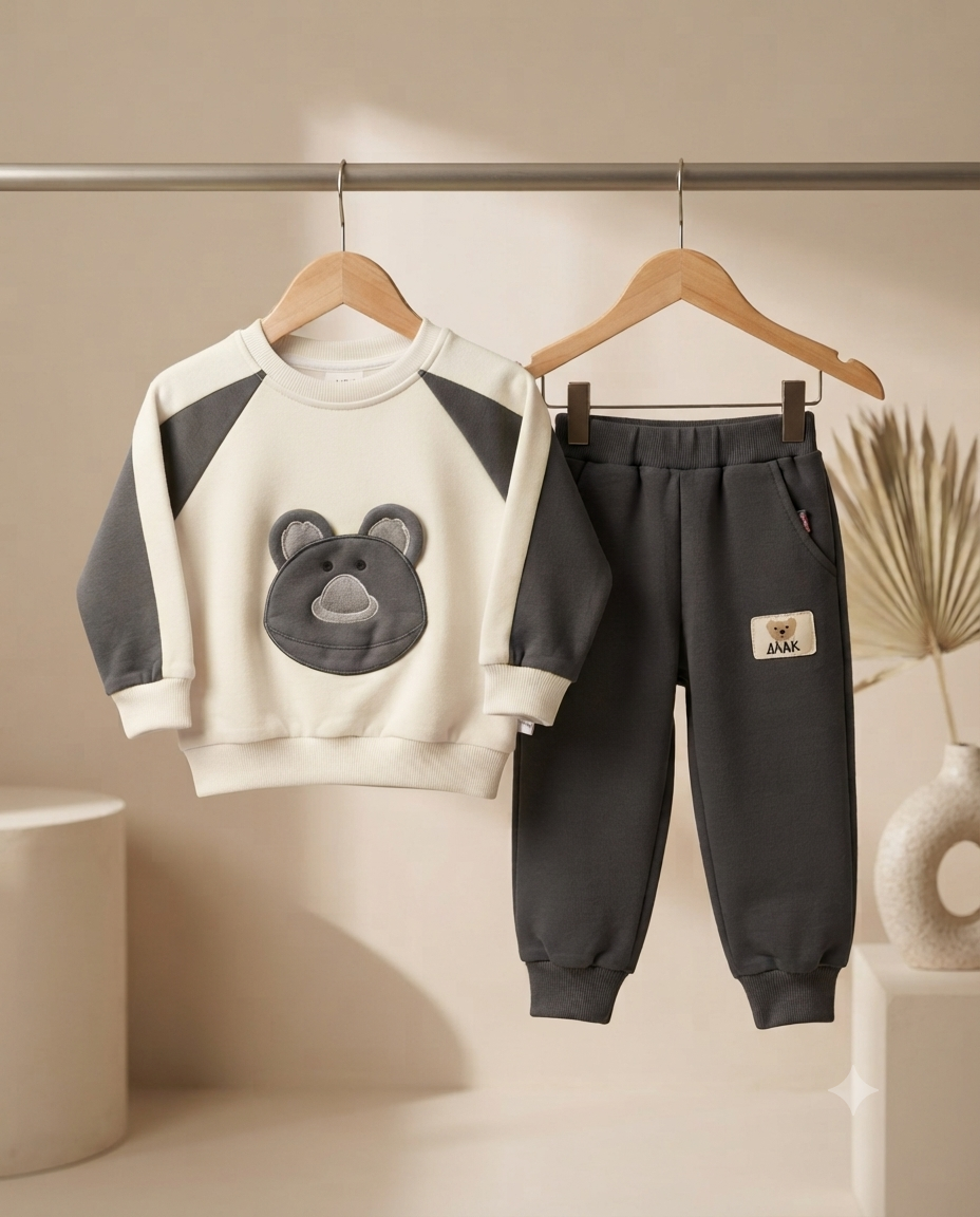 Cozy Cute Bear Applique Sweatshirt And Matching Jogger Pants Set For Active Toddlers