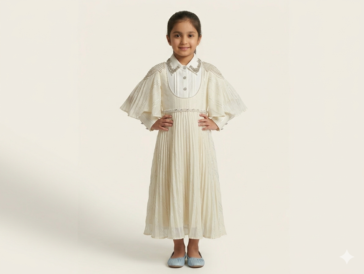 Girls' Luxury Pleated Chiffon Maxi Dress with Embellished Collar and Elegant Pearl Shoulder Detailing