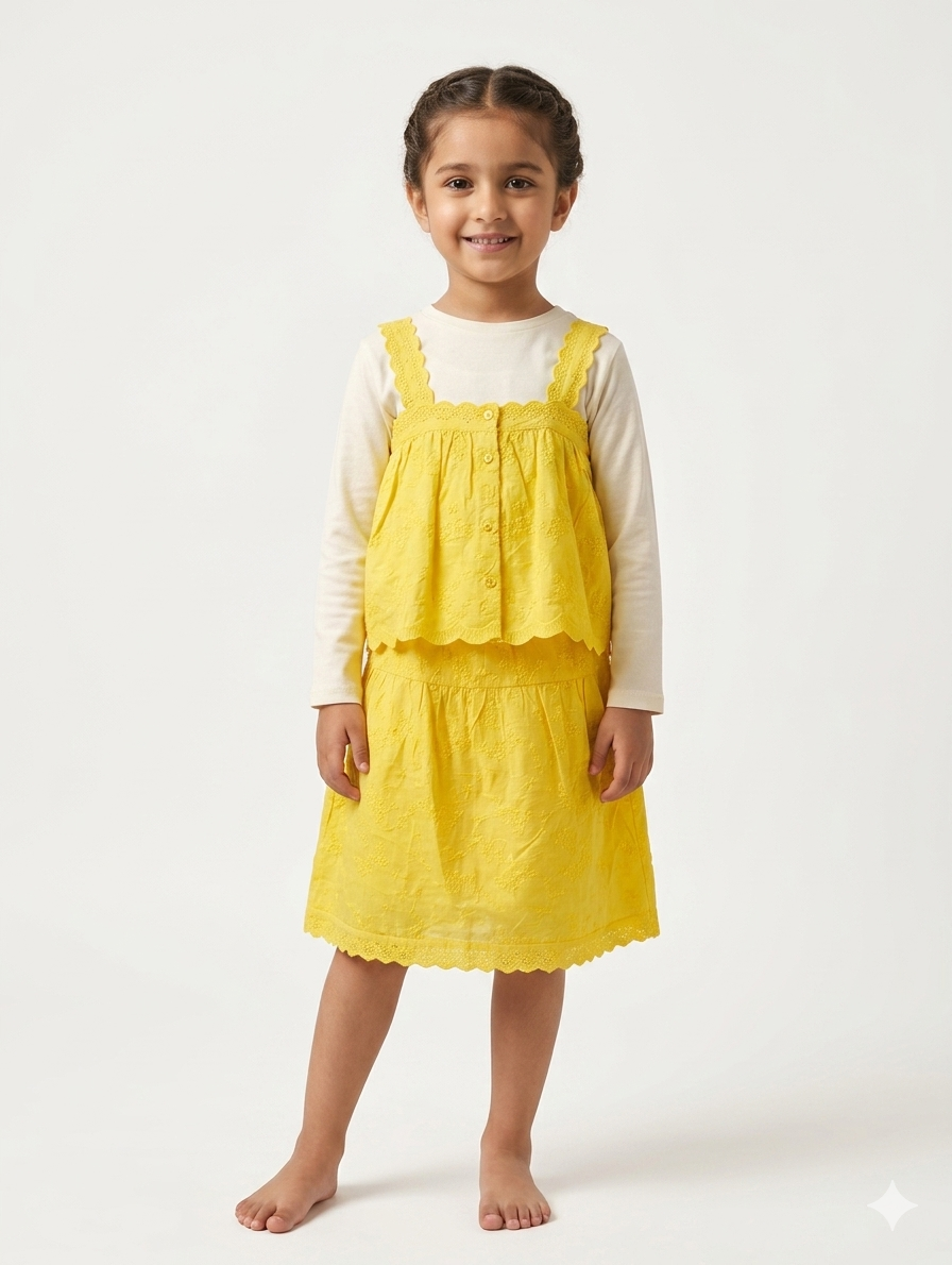 Elegant Girl's Three-Piece Eyelet Lace Top and Skirt Set with Long Sleeve Inner Shirt