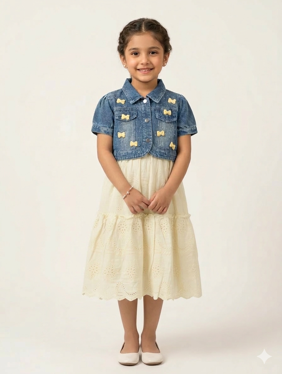 Girls Chic Cotton Eyelet Dress With Cropped Denim Bolero Jacket In Pink And Offwhite
