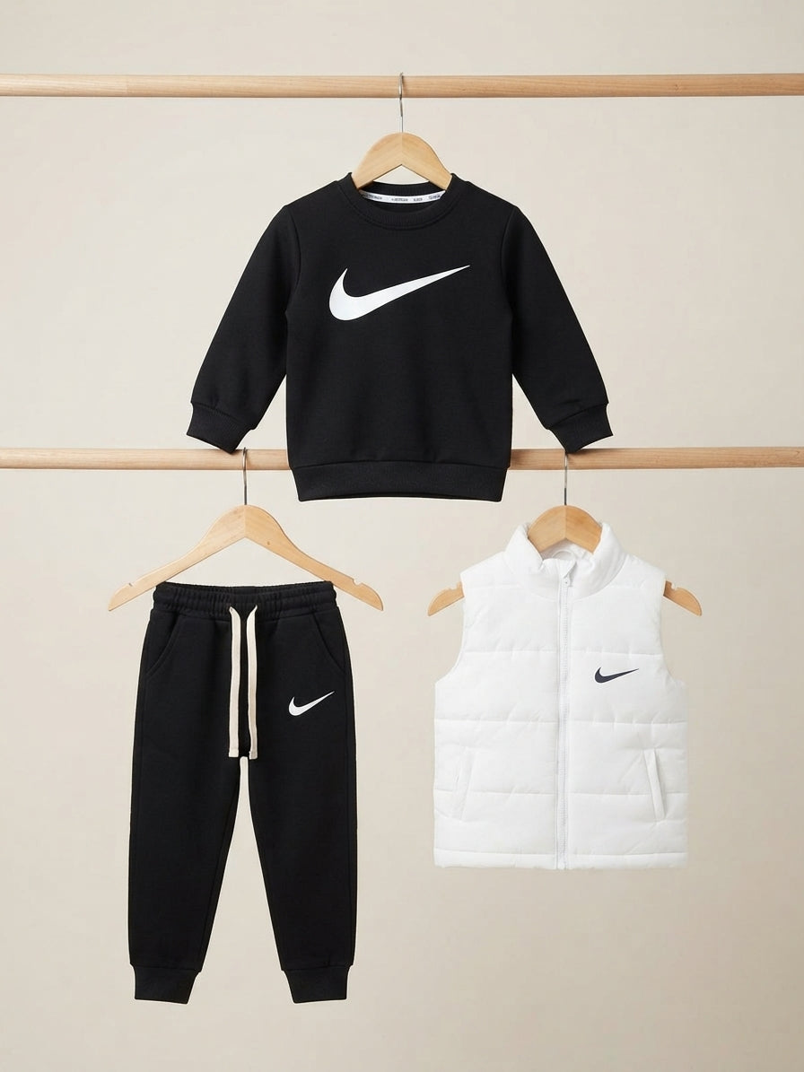 Kids Athletic Brand Logo Printed Crewneck Sweatshirt Puffer Vest And Trouser 3 Piece Outfit