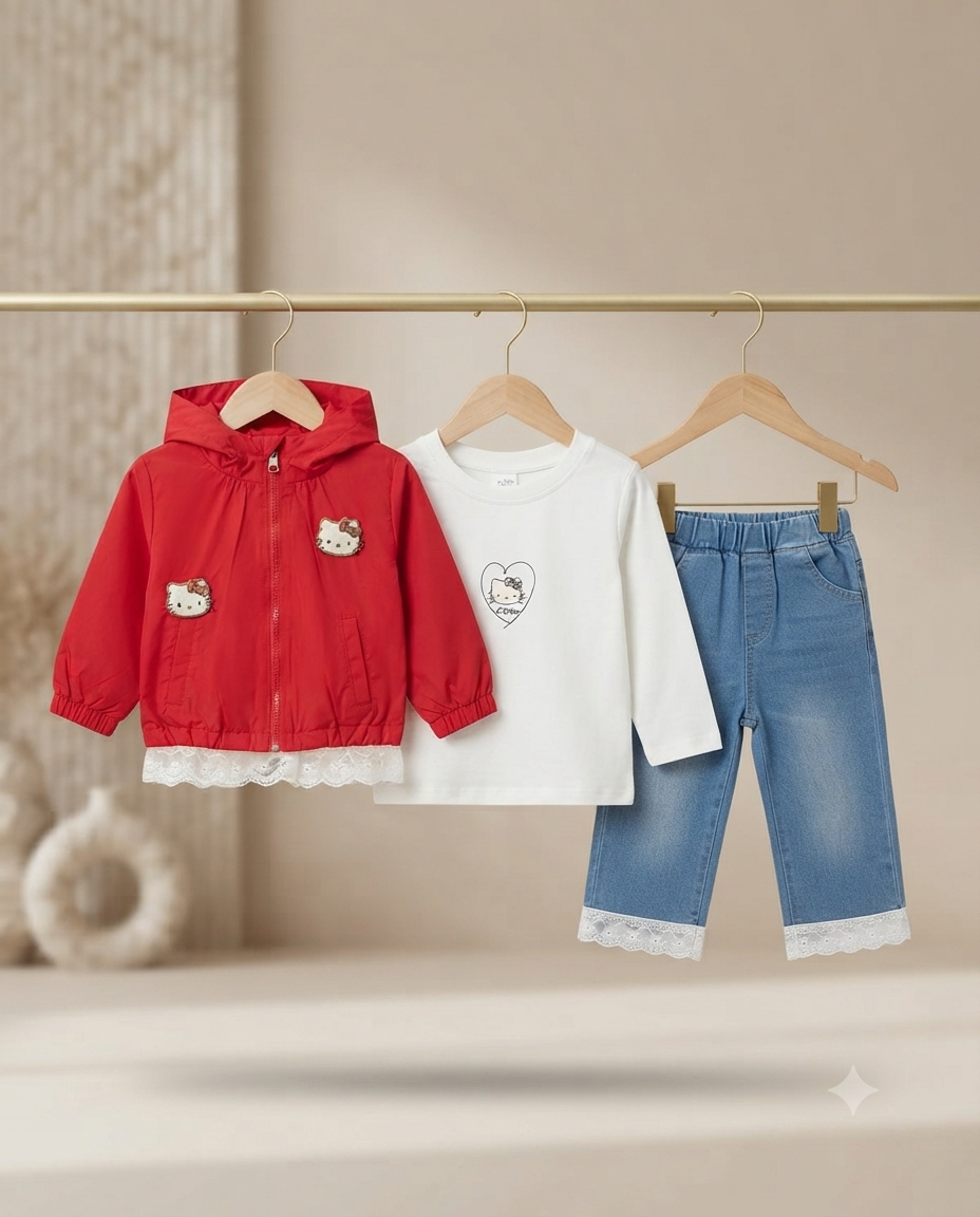 Hello Kitty Girls 3-Piece Outfit Set Featuring Jacket, White Top, And Lace Denim Jeans