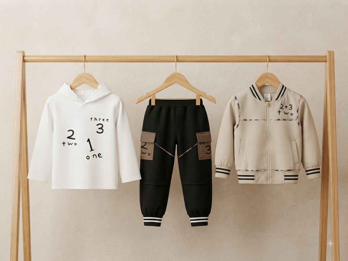 Kids stylish 3-piece winter outfit set featuring hoodie, trouser, and zip-up jacket.