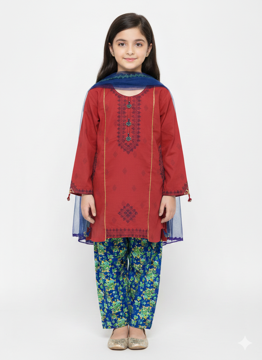 Girls' Traditional Embroidered Shalwar Kameez Set with Floral Trousers and Chiffon Dupatta
