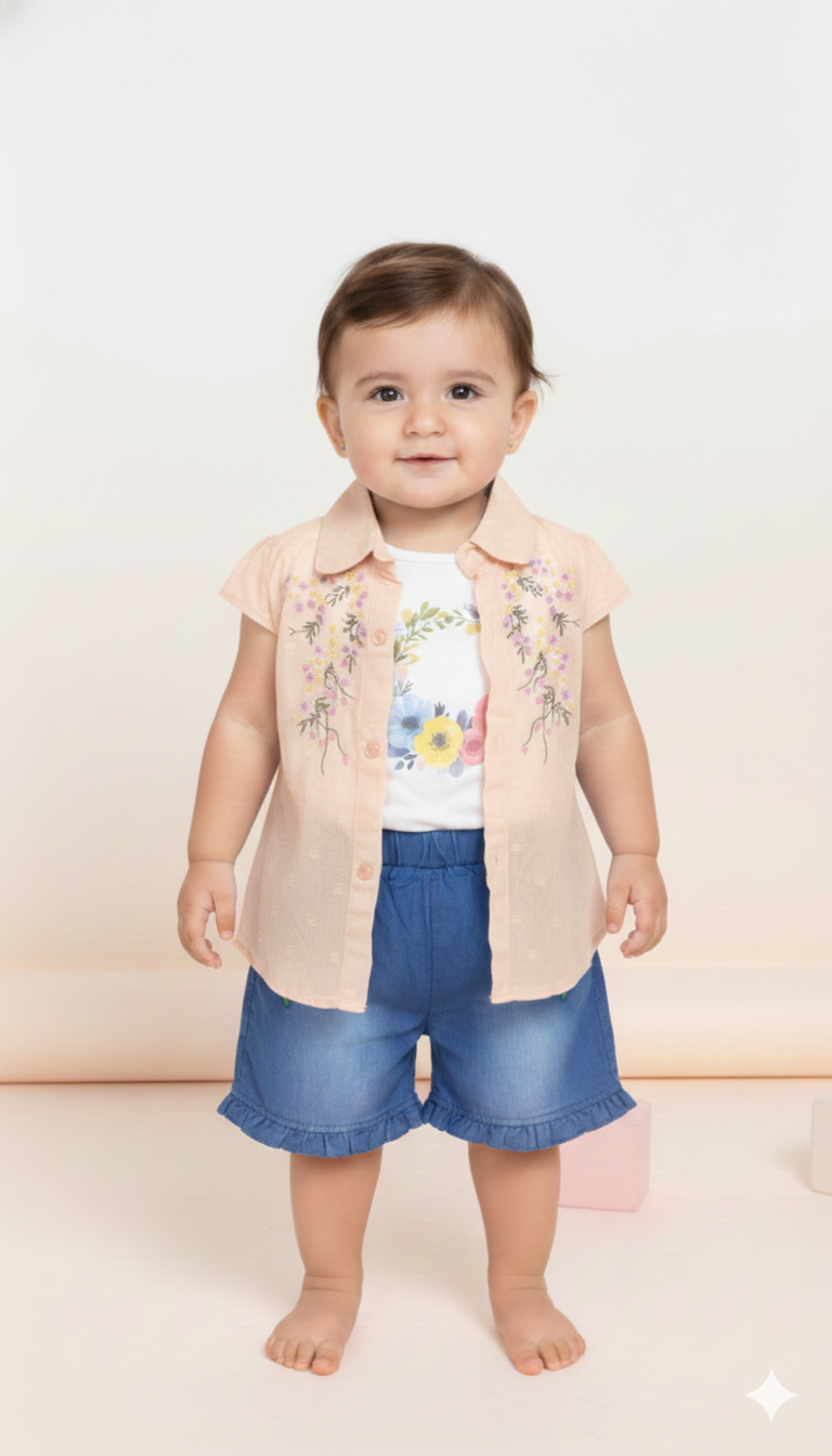 3 pcs Baby Girls Three Piece Summer Floral Set White Embroidered Shirt Denim Short Matching Headband