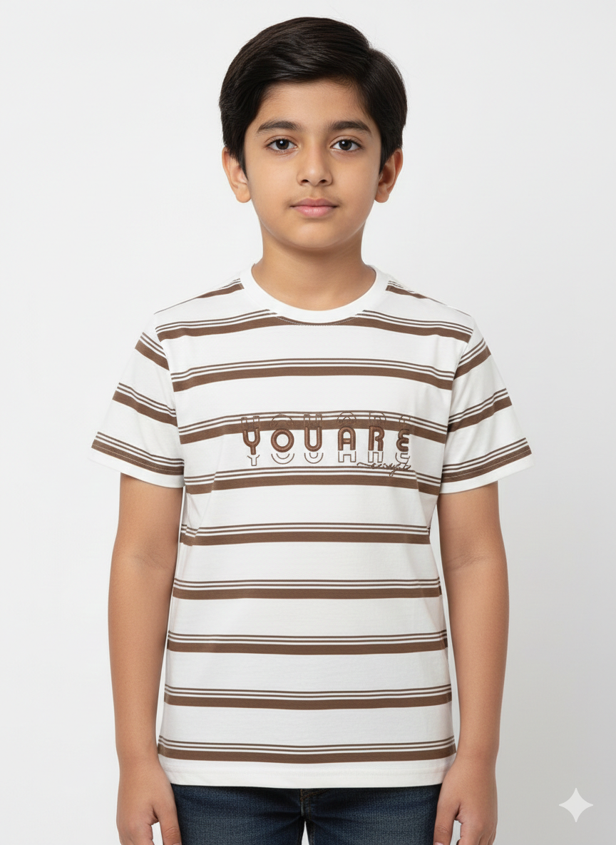 A Modern Young Boy Showcasing A Vibrant Five Color Earth Tone Striped Graphic T Shirt