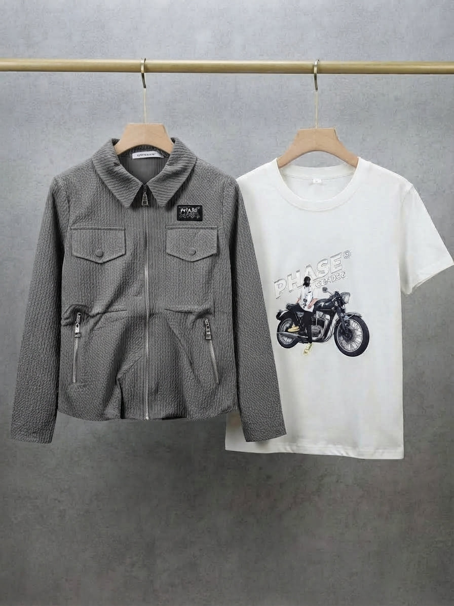 Boys Stylish Textured Grey Zip Jacket And Matching White Graphic T-Shirt Outfit Set