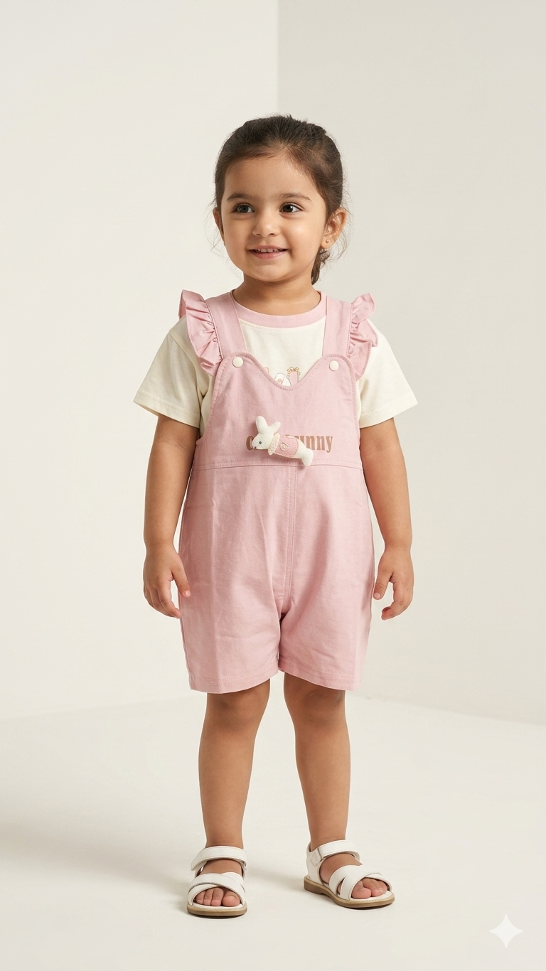 Toddler Girls Rabbit Patch Overall And T-Shirt Set Cute Summer Cotton Outfit