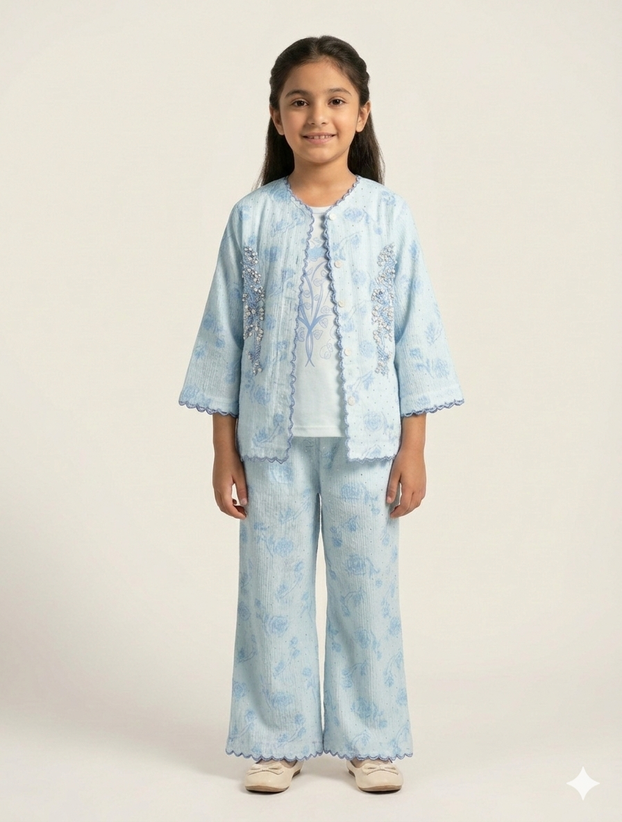 Girls Elegant Scalloped Three Piece Floral Suit with Pearl Embellished Jacket and Wide Leg Trousers