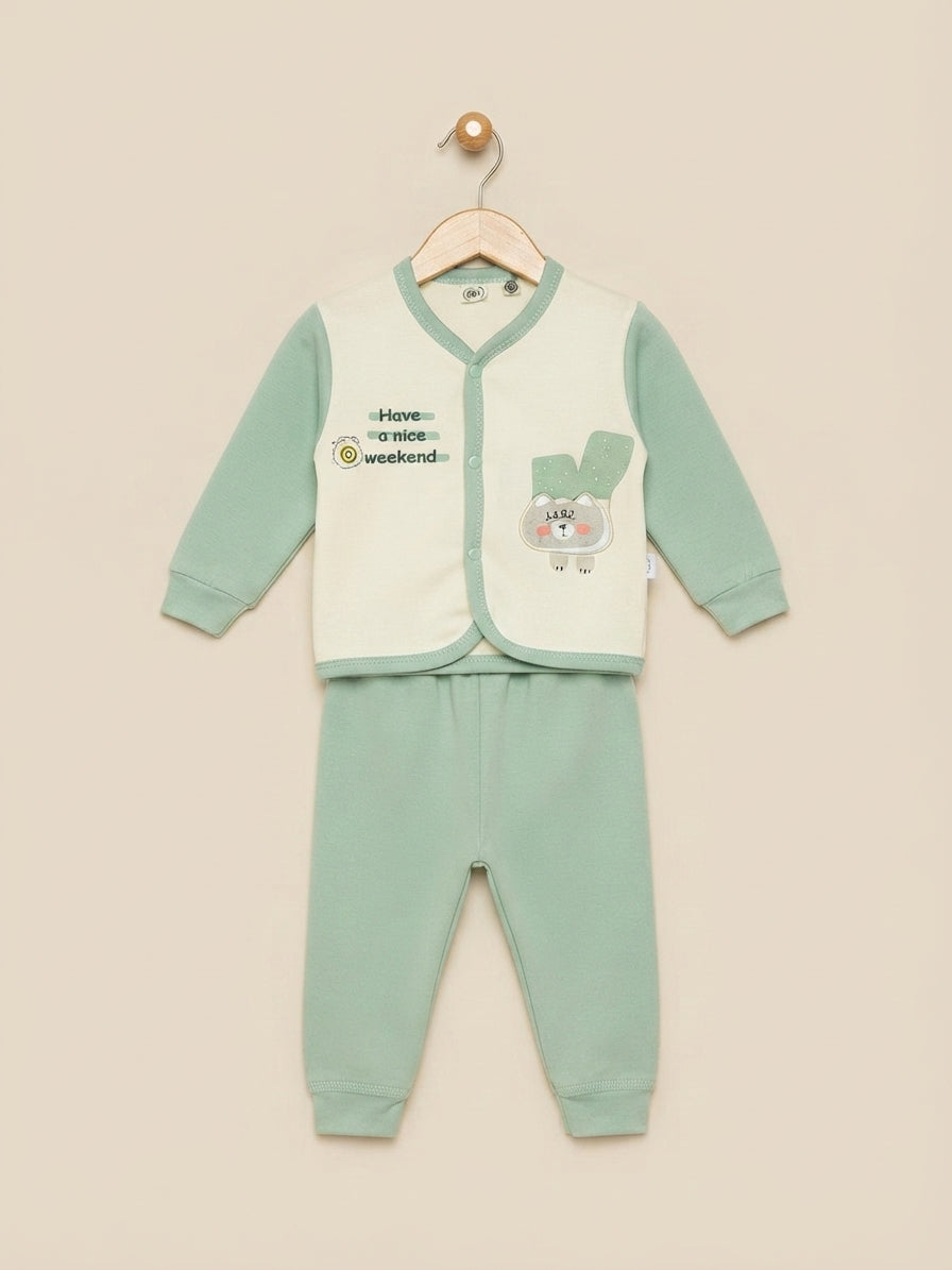 Cute Kids Cotton Have A Nice Weekend Graphic Button Up Top And Matching Trouser Outfit Set