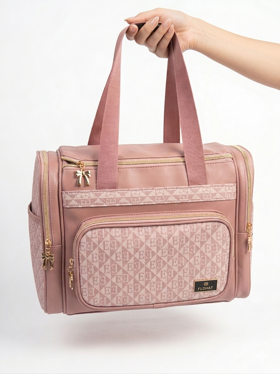 FLDHAT Signature Geometric Monogram Travel Bag – Elegant Bow Detail Multi-Pocket Weekender for Modern Women