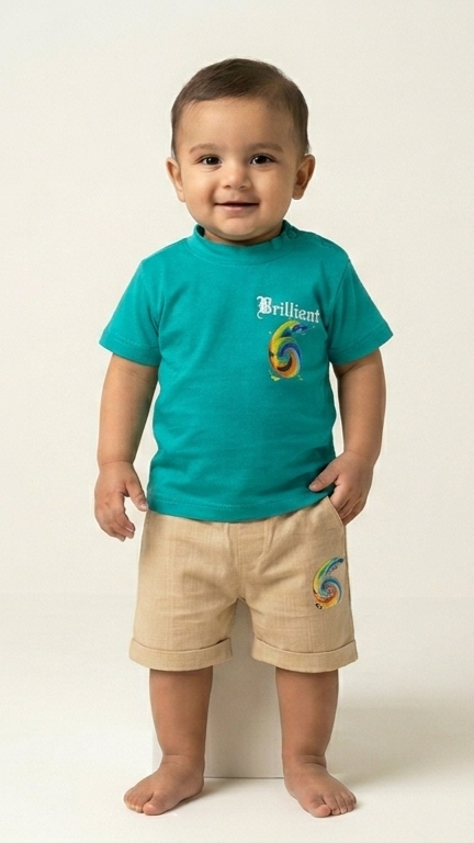 Premium Cotton Summer Set Brilliant Graphic Teal T-Shirt With Comfortable Khaki Shorts For Boys