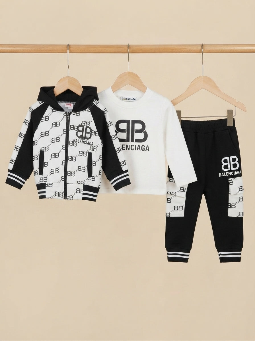 Stylish Designer Inspired Kids Three Piece Clothing Set With Hoodie And Joggers