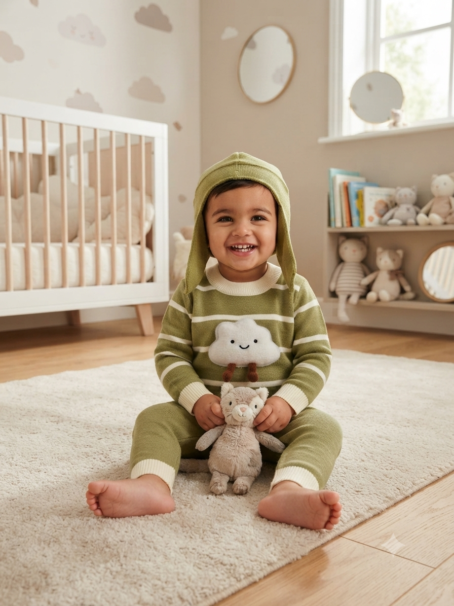 Kids Cute Striped Cloud Knit Sweater With Matching Bunny Ear Hat And Full Length Trouser Set