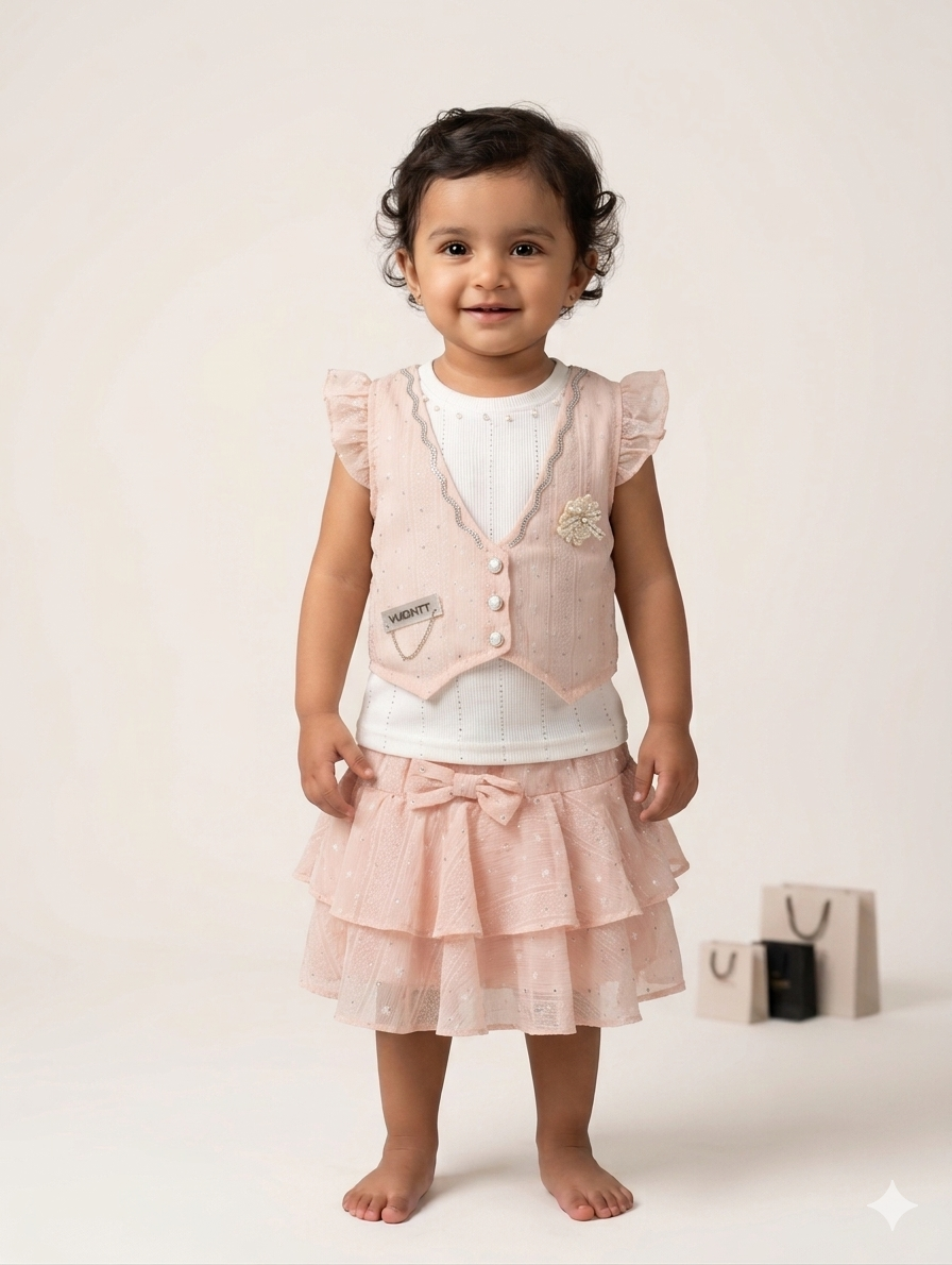 Elegant Toddler Girl Three-Piece Skirt Set with Ruffled Vest and Bow Detail Outfits