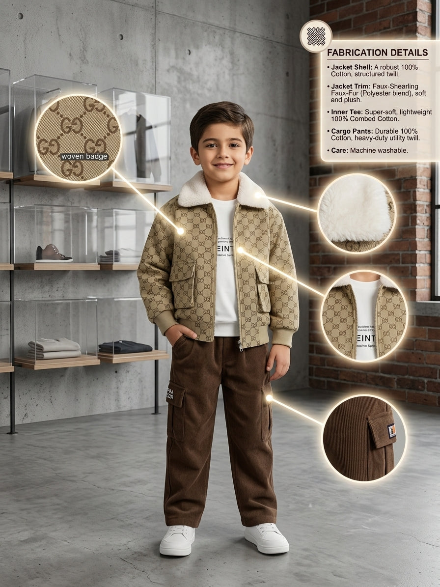 Boys Black Patterned Fur Collar Jacket Three Piece Suit Set With White Inner T-Shirt