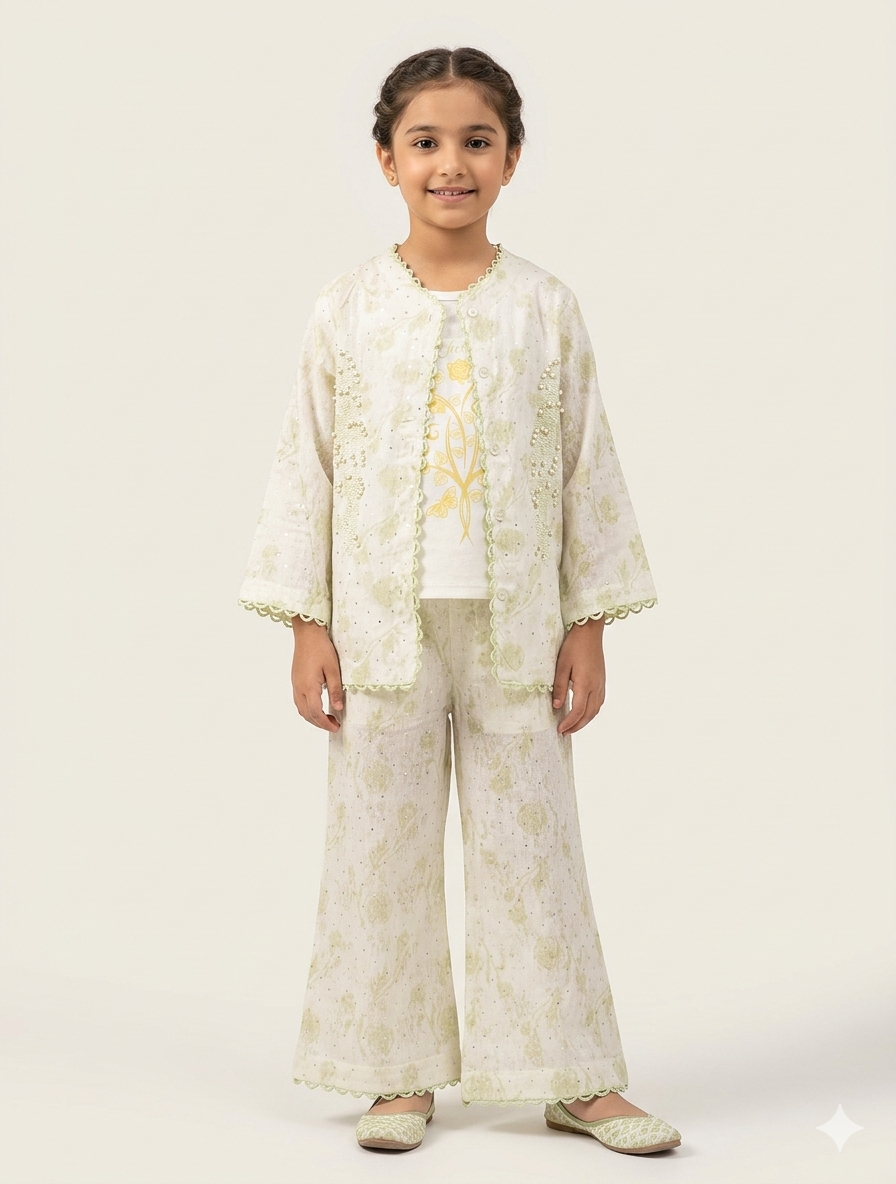 Girls Elegant Scalloped Three Piece Floral Suit with Pearl Embellished Jacket and Wide Leg Trousers