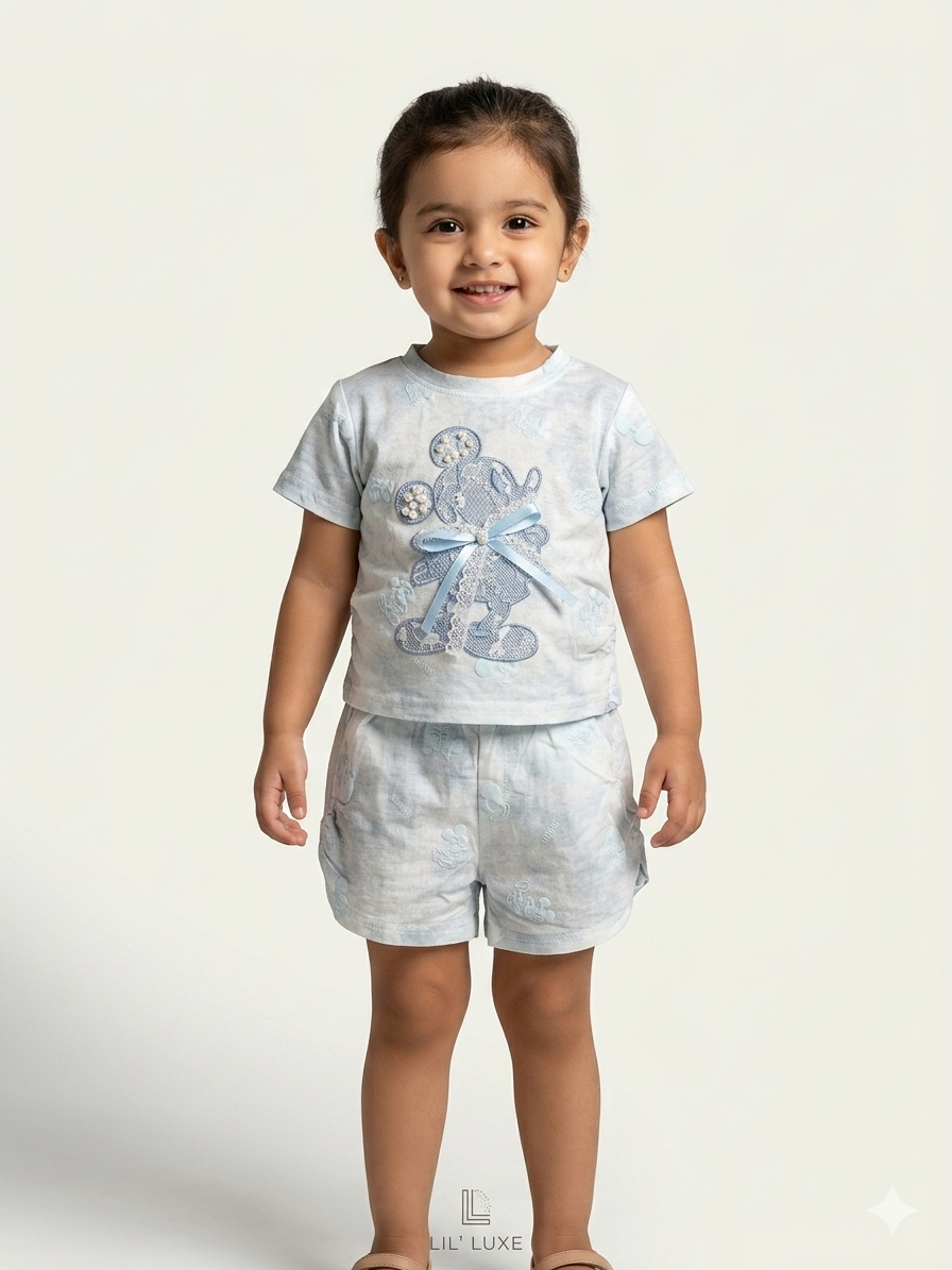 Baby Girls Cute Pink Tie Dye Mickey Mouse Patch T Shirt and Shorts Set