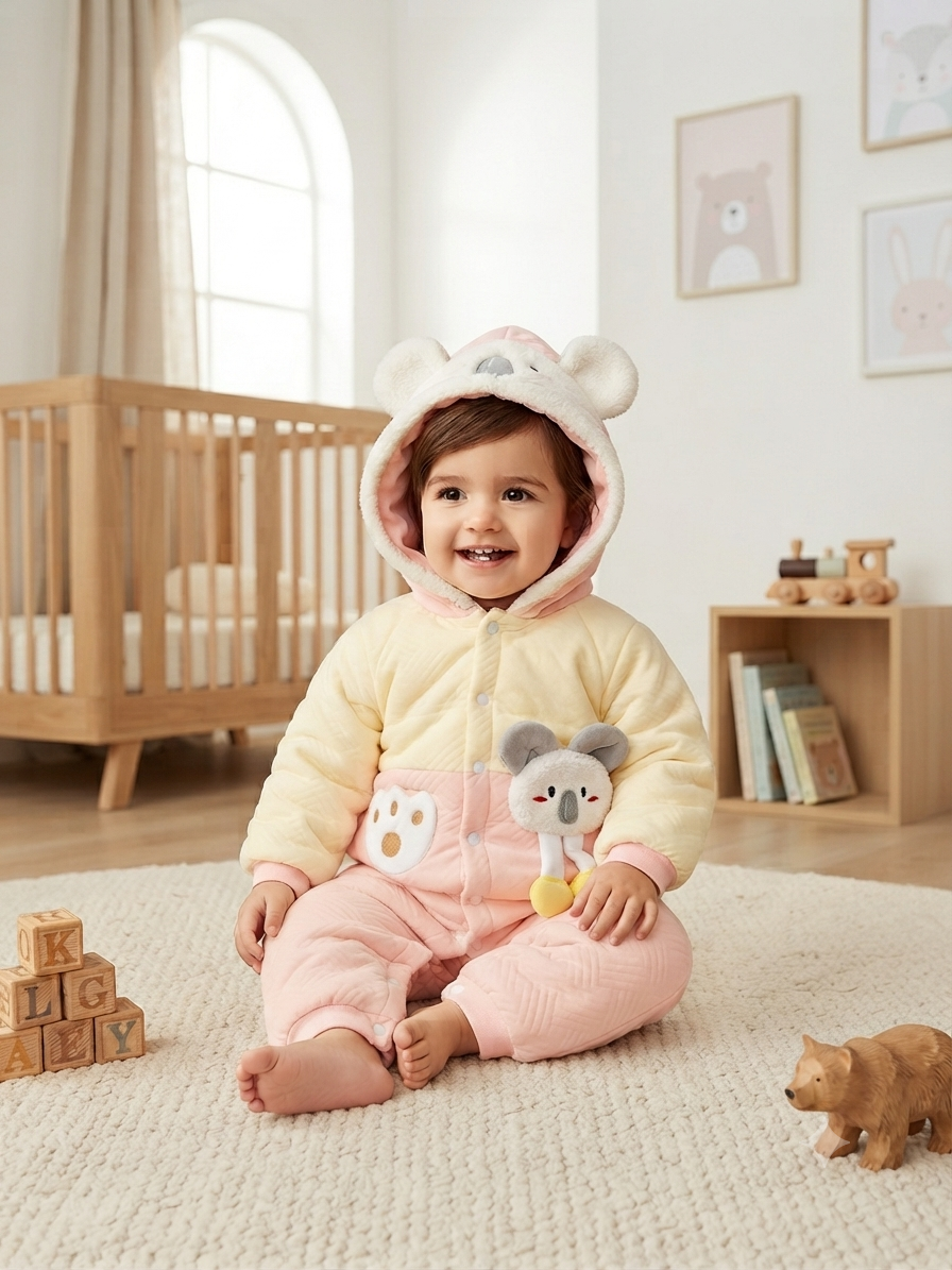 Cute Yellow Koala Hooded Baby Romper Warm Fleece Winter Jumpsuit For Toddler Boys And Girls