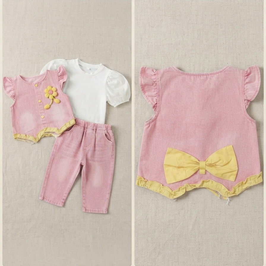 Chic 3-piece girls clothing set featuring floral vest, puff sleeve top, and full trousers.