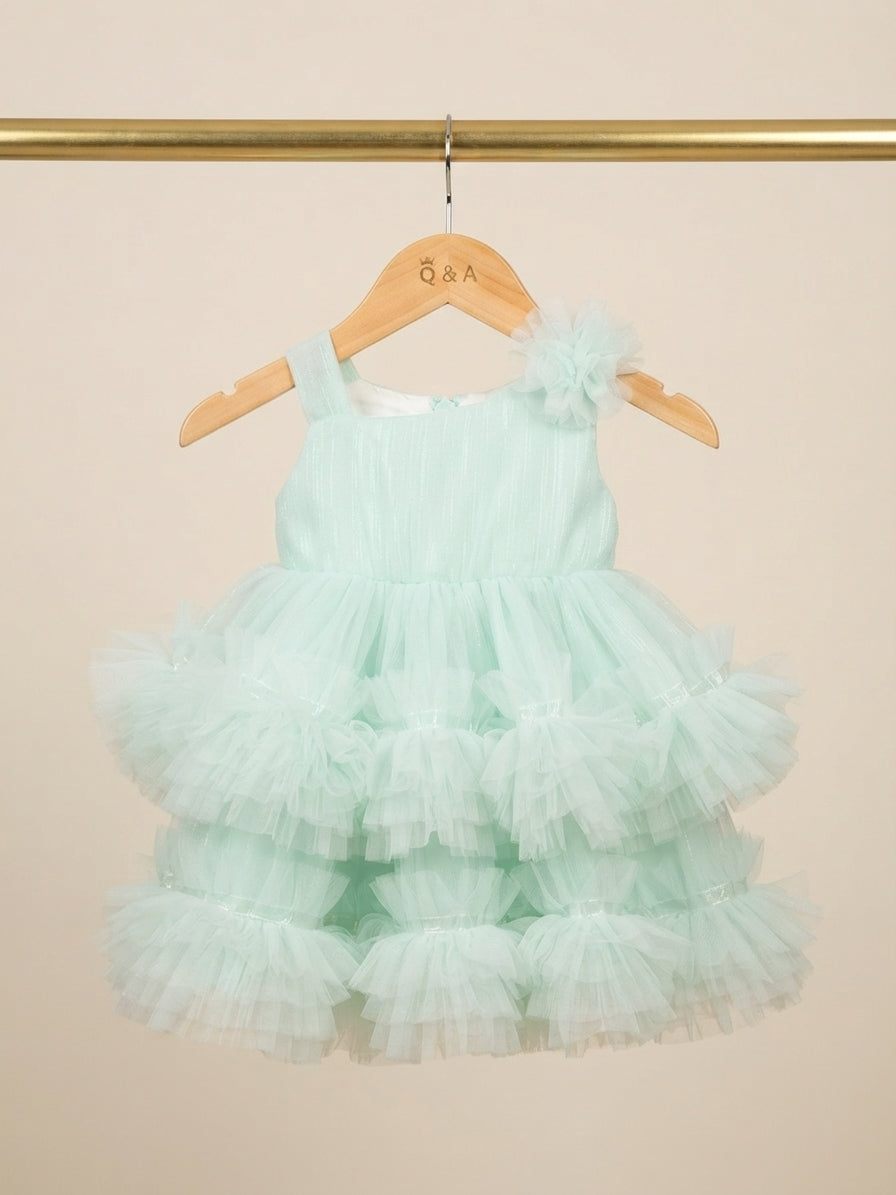 Beautiful White Sequin Net Ruffled Party Dress With Elegant Shoulder Flower For Baby Girls