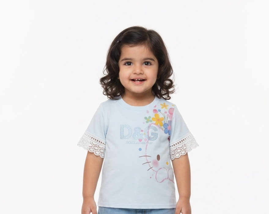 Girls' Floral Lace-Sleeve T-Shirt with Sparkle Logo and Cute Character Graphic Casual Top